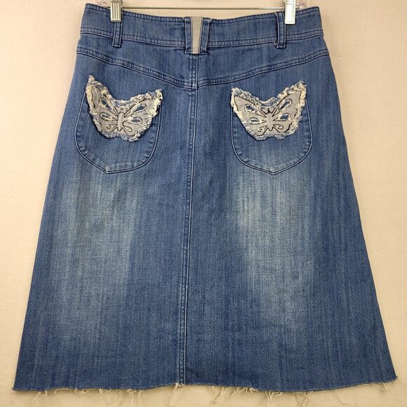 Style J Womens Denim Skirt Butterfly Pocket Embroidery Frayed Hem Y2K Sz30 Large - Picture 3 of 10